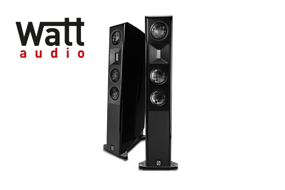 Pár sloupových reproduktorů Børresen X3 v černém klavírním laku a logo magazínu Watt-audio