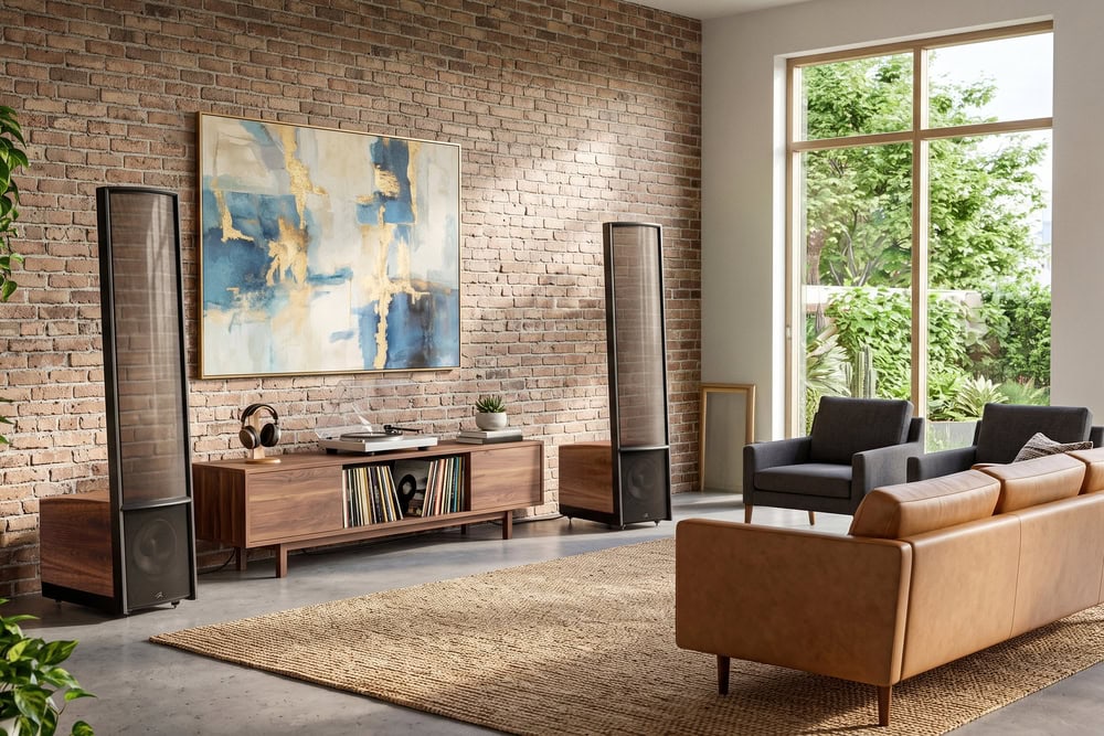 Pár elektrostatických reproduktorů MartinLogan Expression ESL 13A v obýváku s cihlovou stěnou